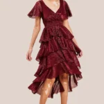 Goddiva Crinkle Lurex High Low Layered Midi Dress