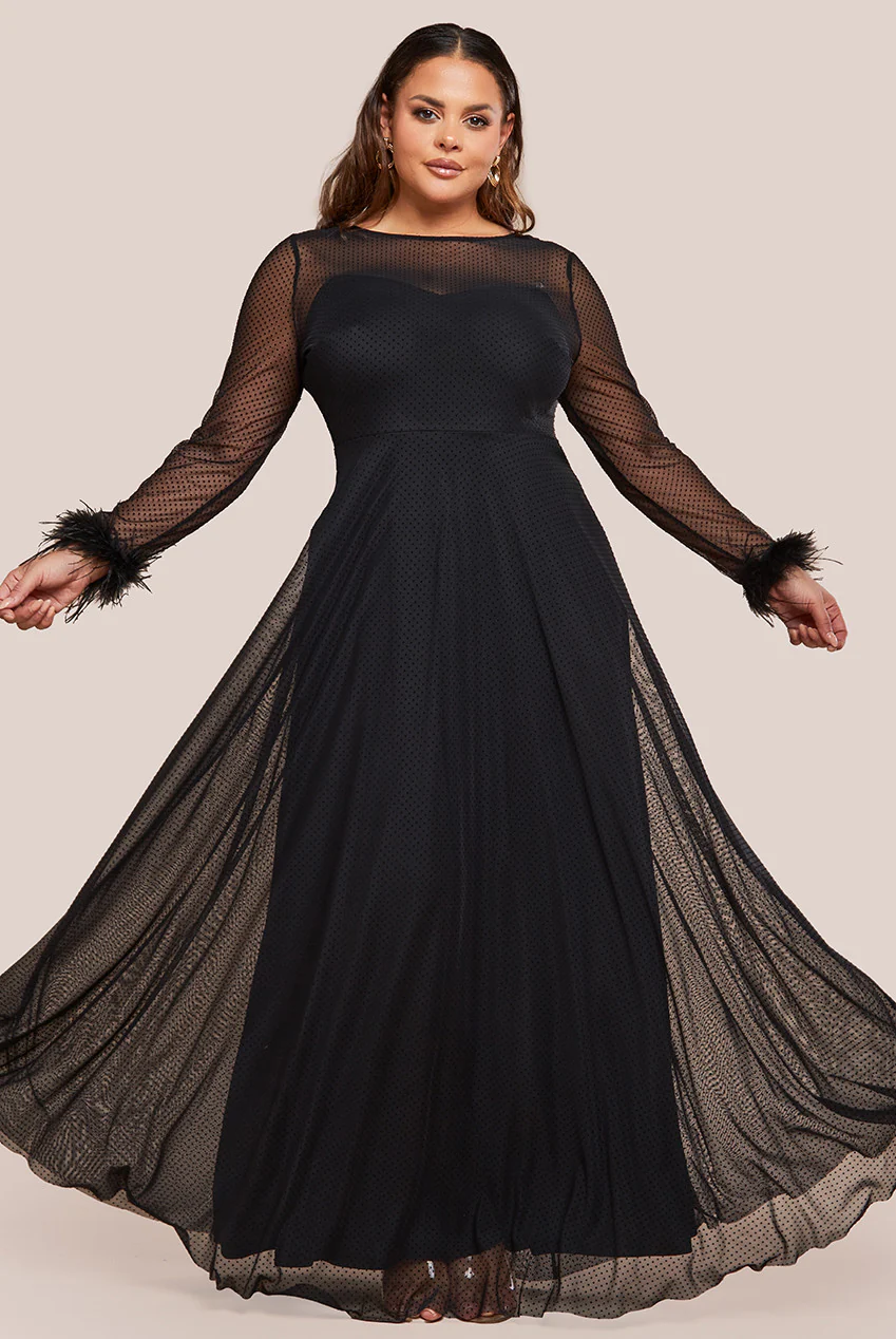 Goddiva Plus Dobby Mesh Feather Sleeve Hem Maxi Dress