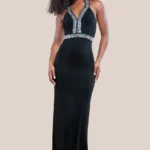 Goddiva Scuba Crepe Diamonte Embellished Halter Neck Maxi Dress